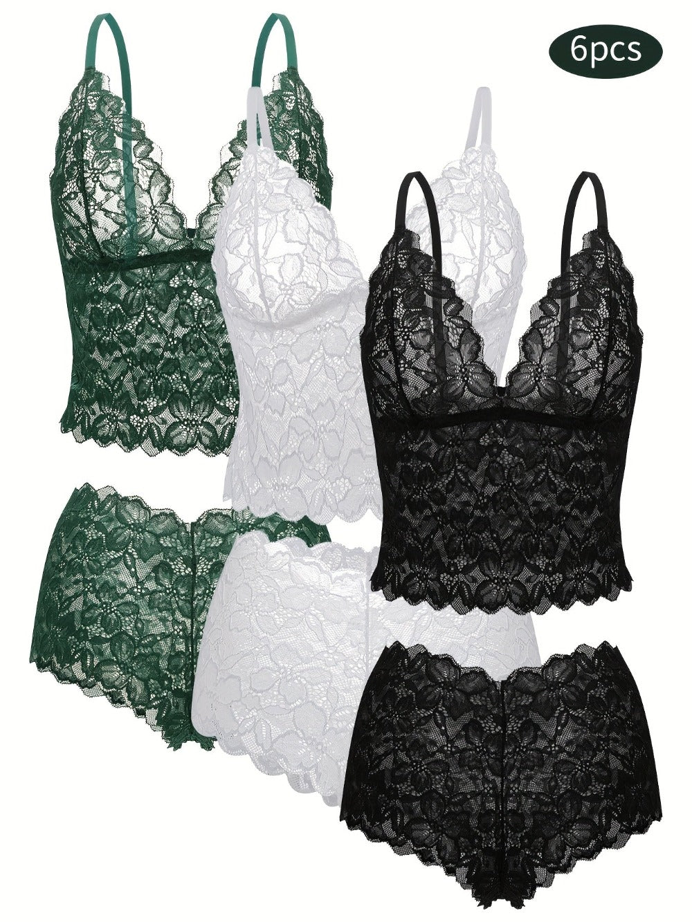 6-Pack Women's Bra and Panty Lingerie Set - Floral Lace Coordinated Style