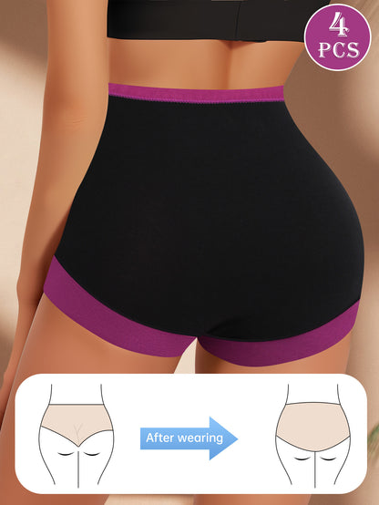 Set of 4 High Waist Women'S Boxer Briefs with Full Coverage And Contrast Colors, Comfortable And Breathable Spliced Design - The Top Choice for Women