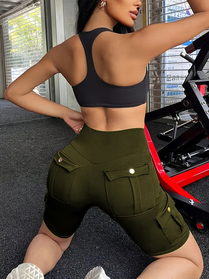 High Waist Women's Solid Color Sports Yoga Tooling Shorts with Pocket Design