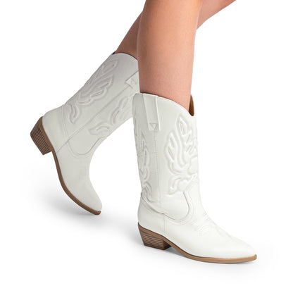 Women's Cowboy Boots Mid Calf Cowgirl Boots Embroidery Stitched Western Boots