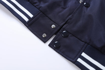 Men'S Plus Size Lightweight Varsity Jacket - Preppy Style, Baseball Collar, Button-Up, Solid Color with Striped Accents, Polyester, Machine Washable & Dry Cleanable, with Pockets, Sports Jacket|Loose Fit Jacket|Glossy Finish Jacket, PLUS SIZE