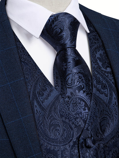 Men'S Classic Formal Suit Vest And Necktie Set - Elegant Red Paisley Design, Made from Non-Stretch Fabric, Featuring a Button Front Closure, Suitable for All Seasons Including Weddings, Business Events, And Parties - Formal Wear for Men, Plus Size