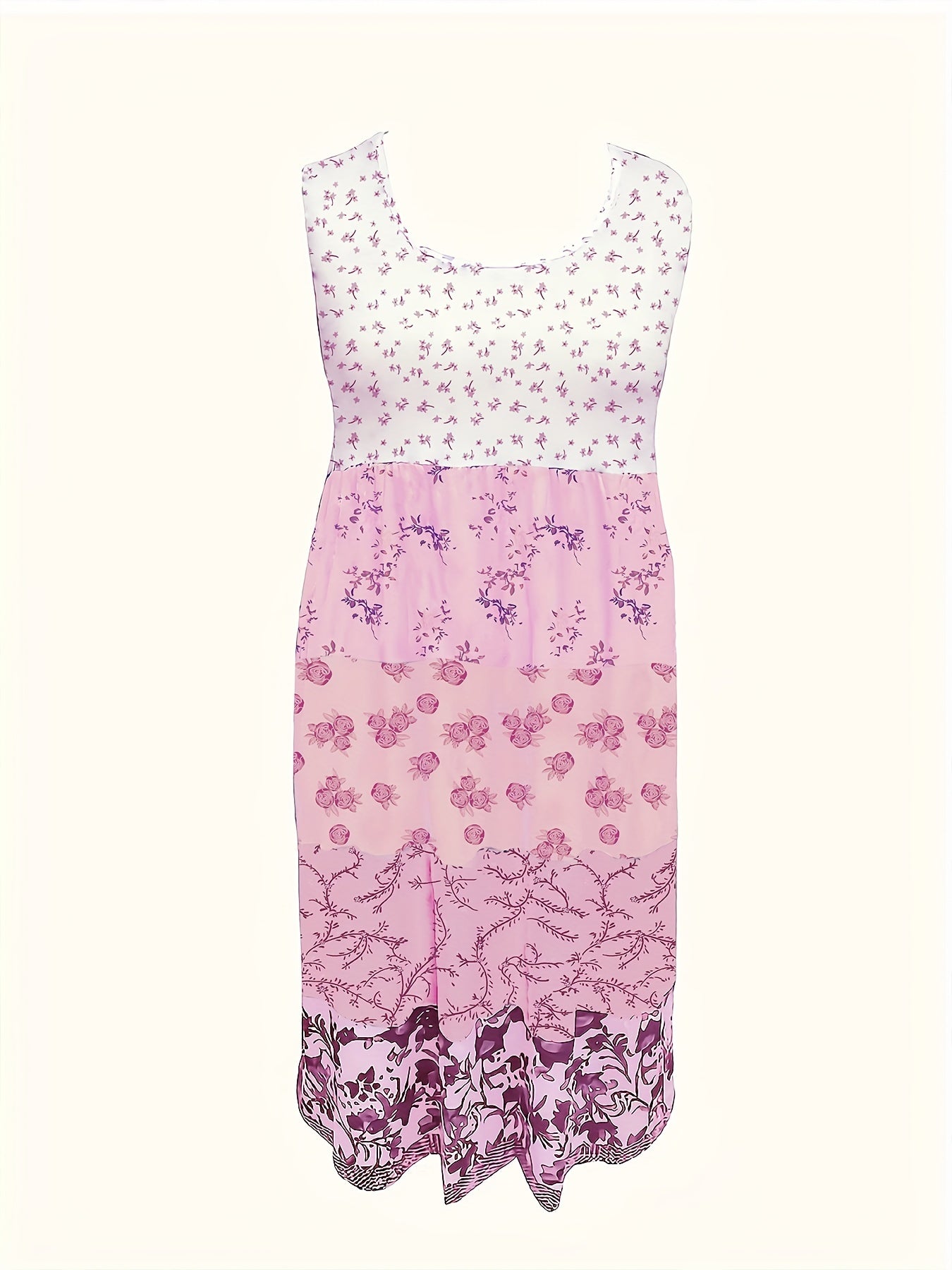 [Floral Print Vest Dress] Plus Size - Plus Size - Plus Size Floral Print Elegant Vest Dress - Sleeveless Round Neck Midi Dress in Vacation Style, Perfect for Women's Casual Outings