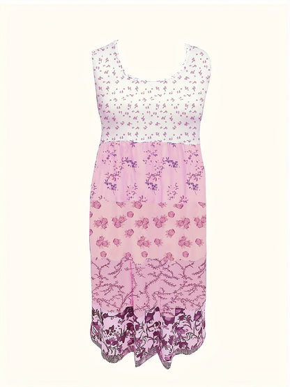 [Floral Print Vest Dress] Plus Size - Plus Size - Plus Size Floral Print Elegant Vest Dress - Sleeveless Round Neck Midi Dress in Vacation Style, Perfect for Women's Casual Outings