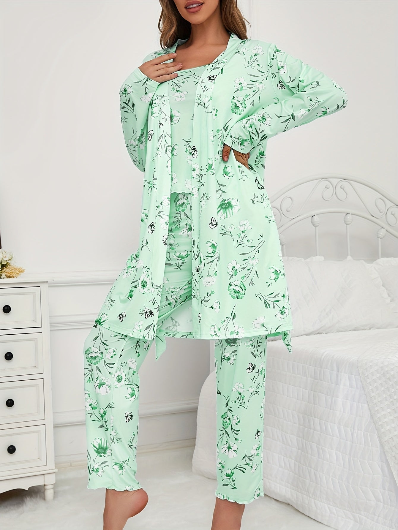 3pcs Floral And Butterfly Print Pajama Set - Long Sleeve Belted Robe & Cami Top & Pants Lounge For All Seasons