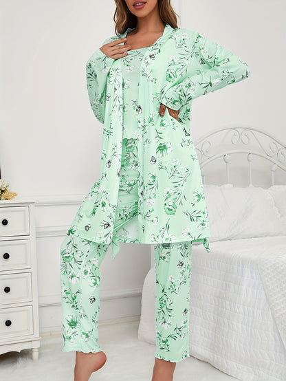 3pcs Floral And Butterfly Print Pajama Set - Long Sleeve Belted Robe & Cami Top & Pants Lounge For All Seasons