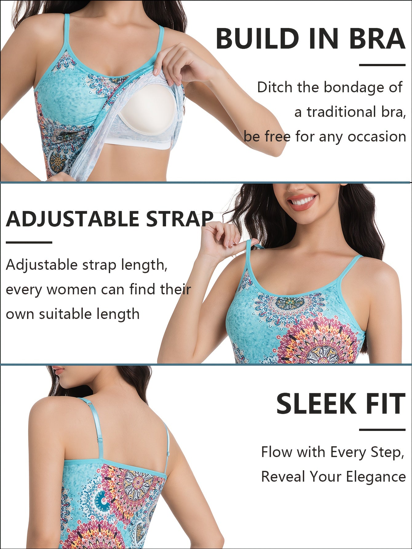 Women's Sleeveless Built-In Bra Tops - Adjustable Spaghetti Strap Layering Tanks/Pajamas, Breathable And Comfortable In Ultra-Soft Seamless Fabric, Ideal for Fall Winter Layering, Perfect for Casual, Formal, Occasions(Black, Turquoise, Orange)
