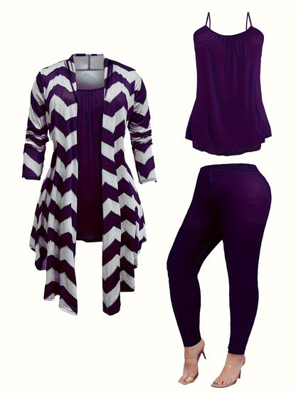 Three Piece Women's Plus Size Casual Outfits Set - Wave Trim Long Sleeve Coat, Cami Top, And Leggings - Stylish And Comfortable