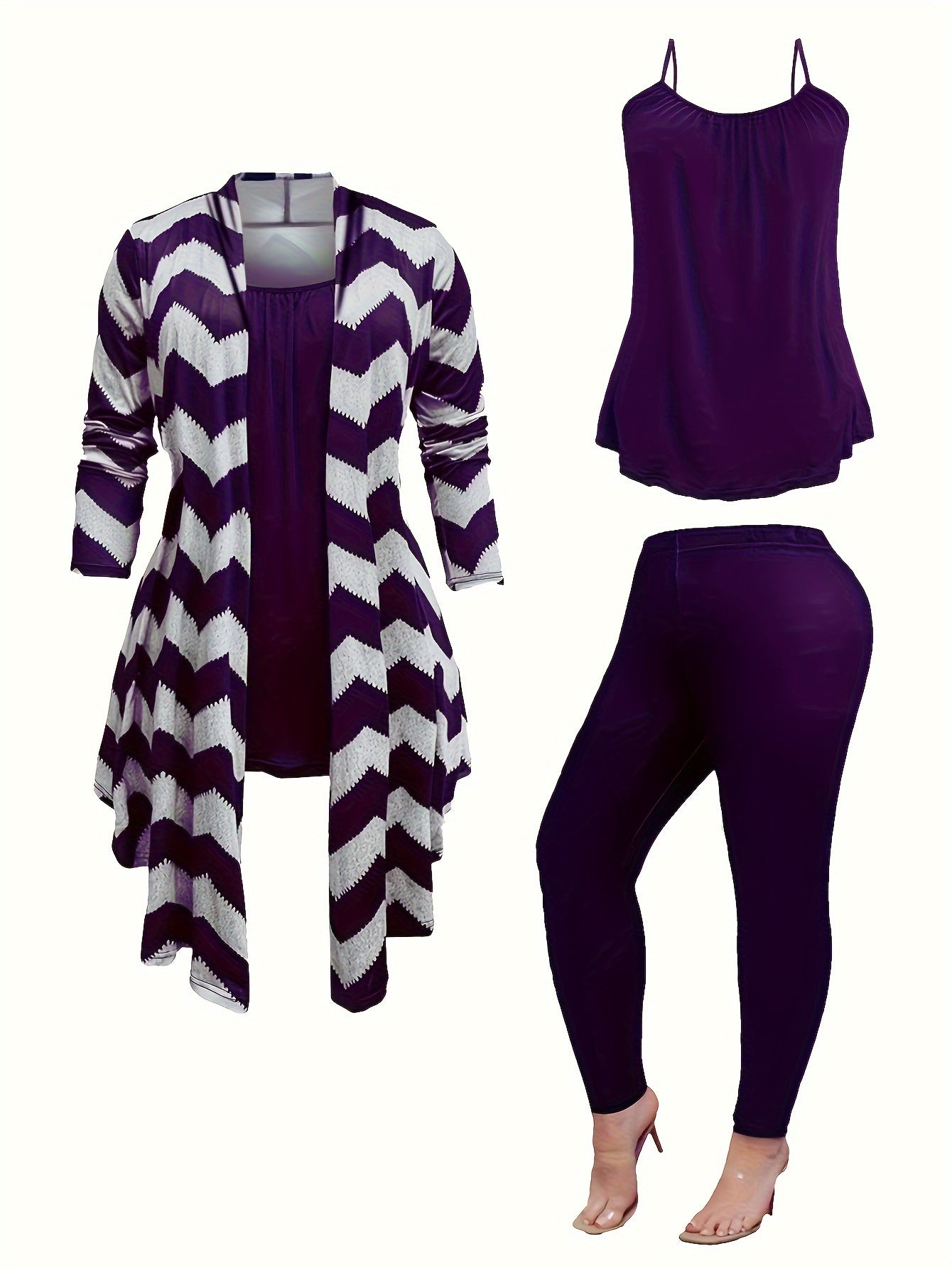 Three Piece Women's Plus Size Casual Outfits Set - Wave Trim Long Sleeve Coat, Cami Top, And Leggings - Stylish And Comfortable