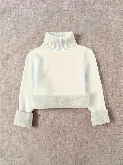 White High-neck -lined Pullover - Thick Lining for Soft Warmth in Winter, Classic Design for Effortless Style, Suitable for Layering or Wearing Alone, Ideal for Cold Weather and Office Wear.