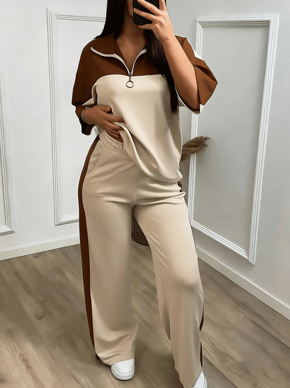 Women'S Casual Sporty Color-blocked Half-zip Stand-up Collar Mid-sleeve Sports Top + High-waisted Wide-leg Side Striped Sports Pants
