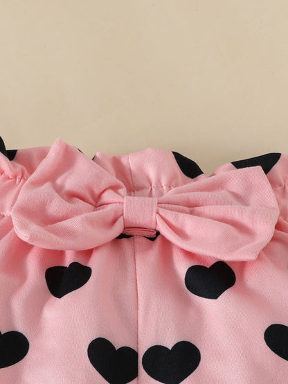 Baby Girl's "Daddy's Girl Mommy's World" Print Lovely Outfit, Short Sleeve Romper & Headband & Heart All-over Print Shorts, Baby Girl's Clothes