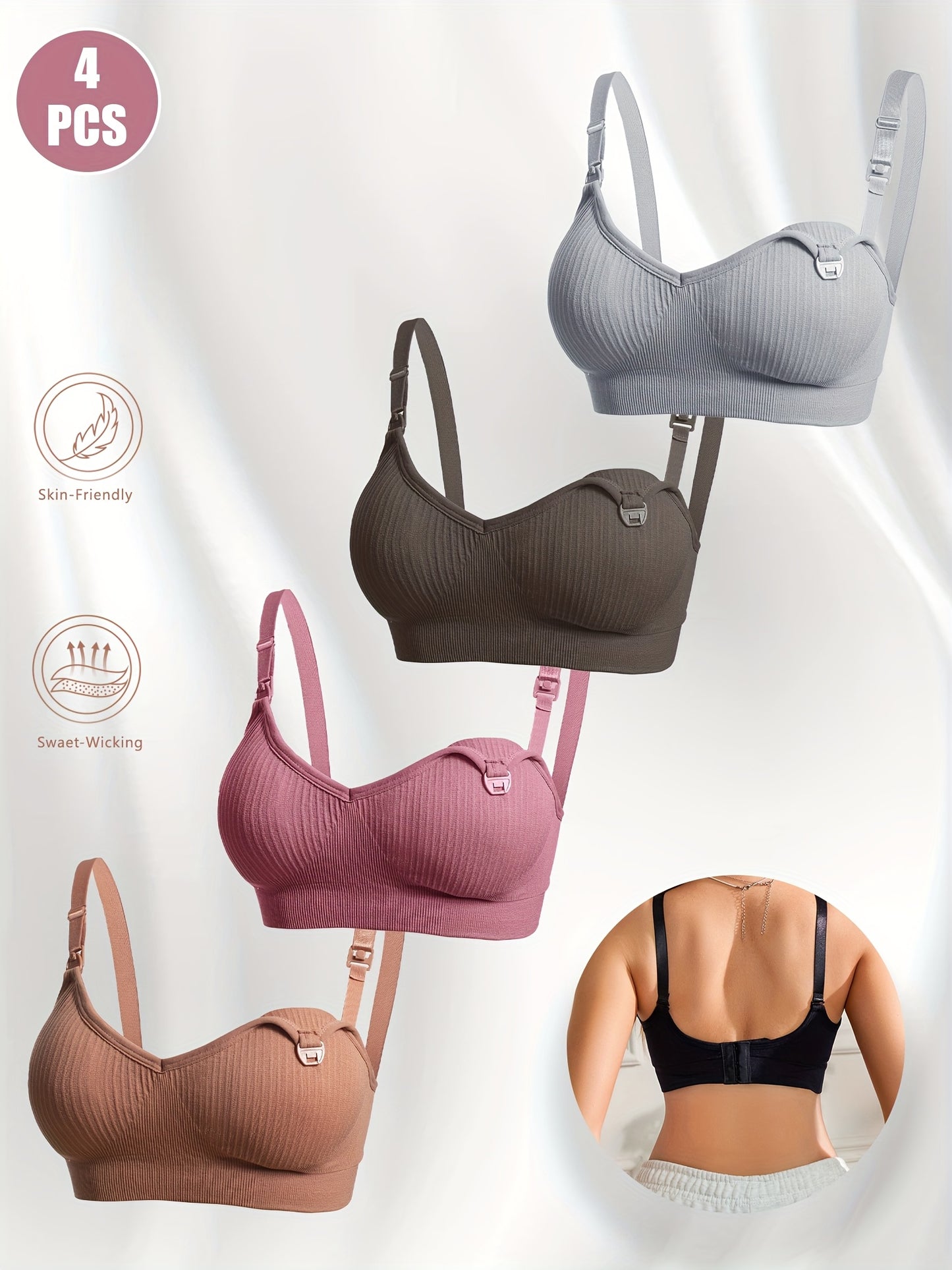 Set of 4 Maternity Nursing Bras - Soft, Flexible Full-Cup Breastfeeding Lingerie with Detachable Pads, Slim Fit, Suitable for All Seasons, Ideal for Expecting Mothers, Support for Breastfeeding | Slim Fit Bra | Flexible Material