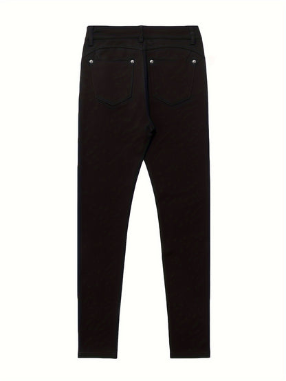 Women's High-Waisted Stretch Street Style Solid Black Skinny Fashion Metal Button Detail Casual Jeans