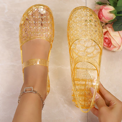 Women's Jelly Sandals, Hollow Woven Flat Sandals, Soft And Comfortable, Easy to Put on And Take Off, Beach Shoes, Summer Shoes