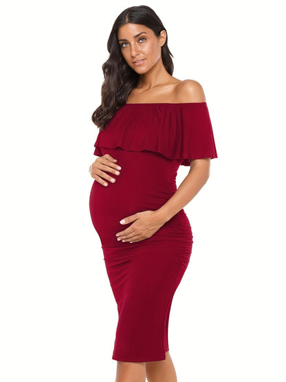 Women's Maternity Dress Off Shoulder Ruffle Sleeveless Bodycon Dress for Baby Shower