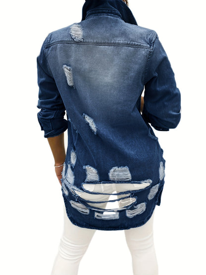 Women's Casual Ripped Washed Blue Patch Pocket Slim Fit Long Sleeve Distressed Denim Jacket