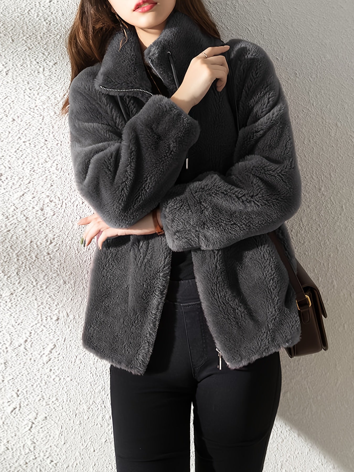 ADilaca Women's Casual Zip-Up Plush Coat with Drawstring Hood, Machine Washable, Solid Color All-Season Outerwear