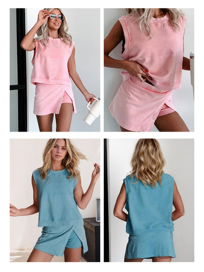 2pcs Women's New Solid Color Fashionable Casual Pure Short Sleeved T-shirt Three Piece Pants Two-piece Set