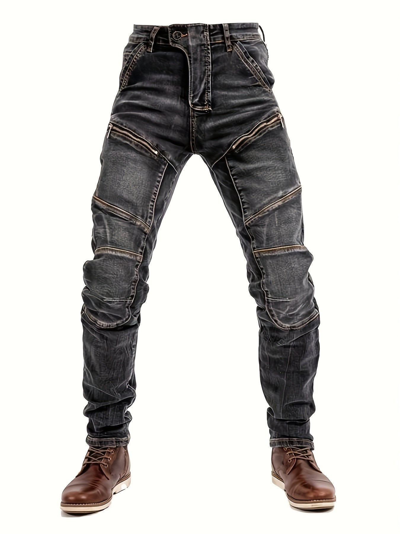 Men's Vintage Washed Motorcycle Pants - Slim Fit Stretch Denim with Elastic Panels, Mid-Stretch Comfort & Zipper Closure, Machine Washable All-Season Casual Riding Jeans
