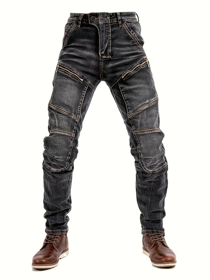 Men's Vintage Washed Motorcycle Pants - Slim Fit Stretch Denim with Elastic Panels, Mid-Stretch Comfort & Zipper Closure, Machine Washable All-Season Casual Riding Jeans