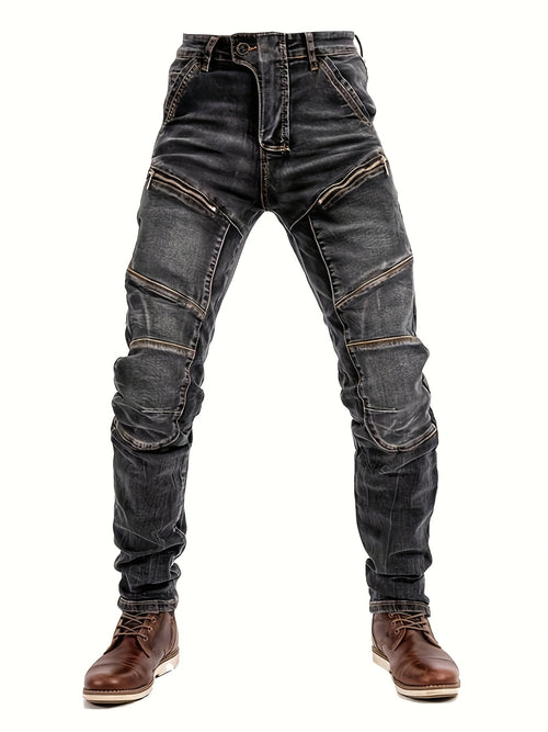 Men's Vintage Washed Motorcycle Pants - Slim Fit Stretch Denim with Elastic Panels, Mid-Stretch Comfort & Zipper Closure, Machine Washable All-Season Casual Riding Jeans