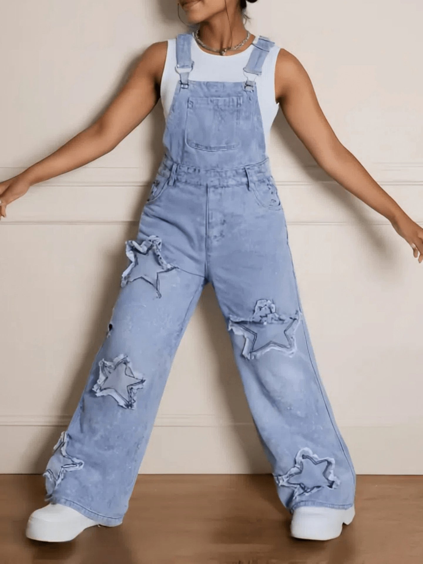 Girls' Star Embroidered Denim Overalls - Wide Leg