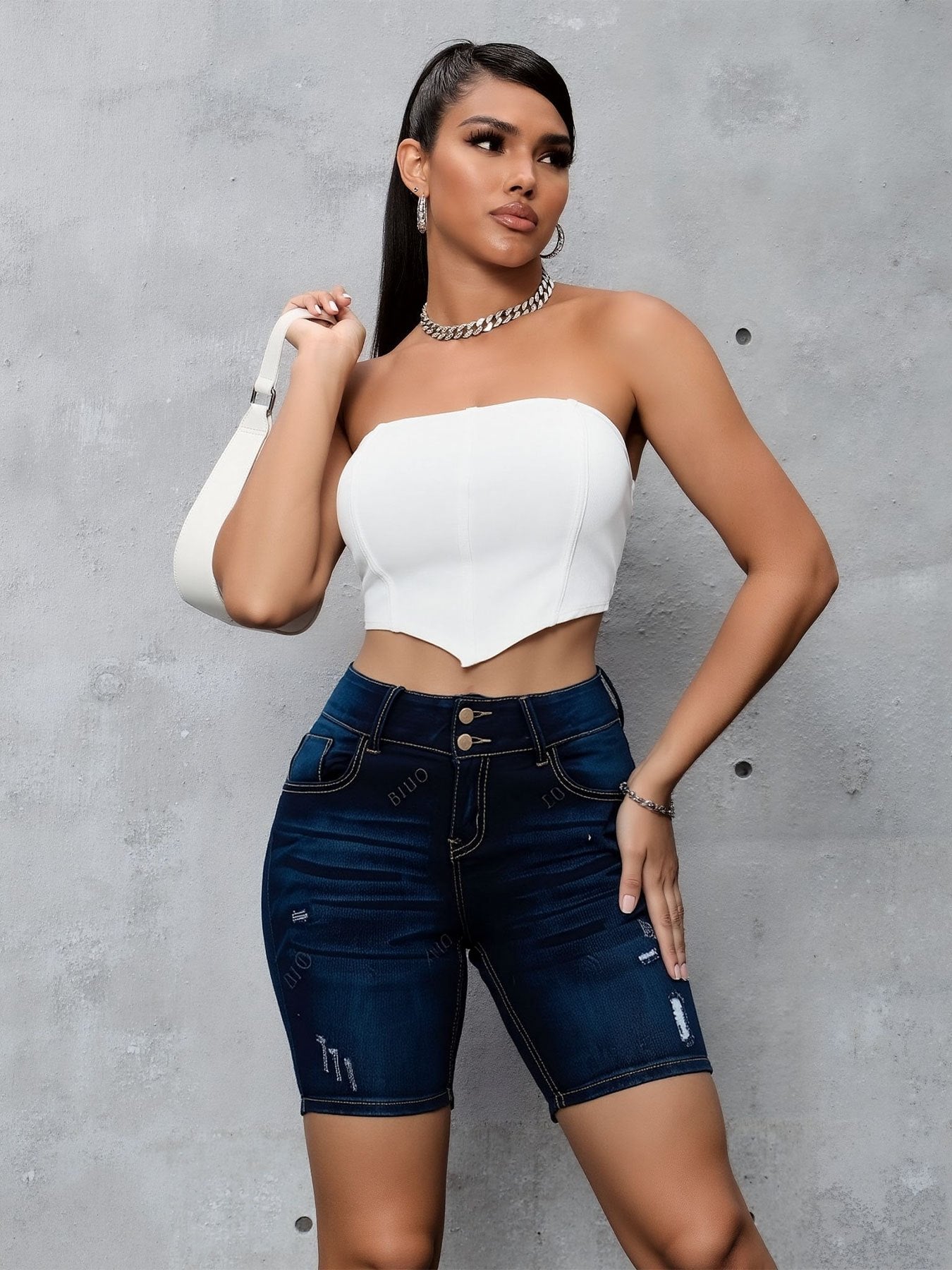 Women's Stretch Denim Shorts - Slim Fit Double-Button Ripped Knee Casual Summer Shorts, Machine Washable Mid-Stretch Comfort for Spring/Summer Outfits, Spring Fashion, Durable Fabric