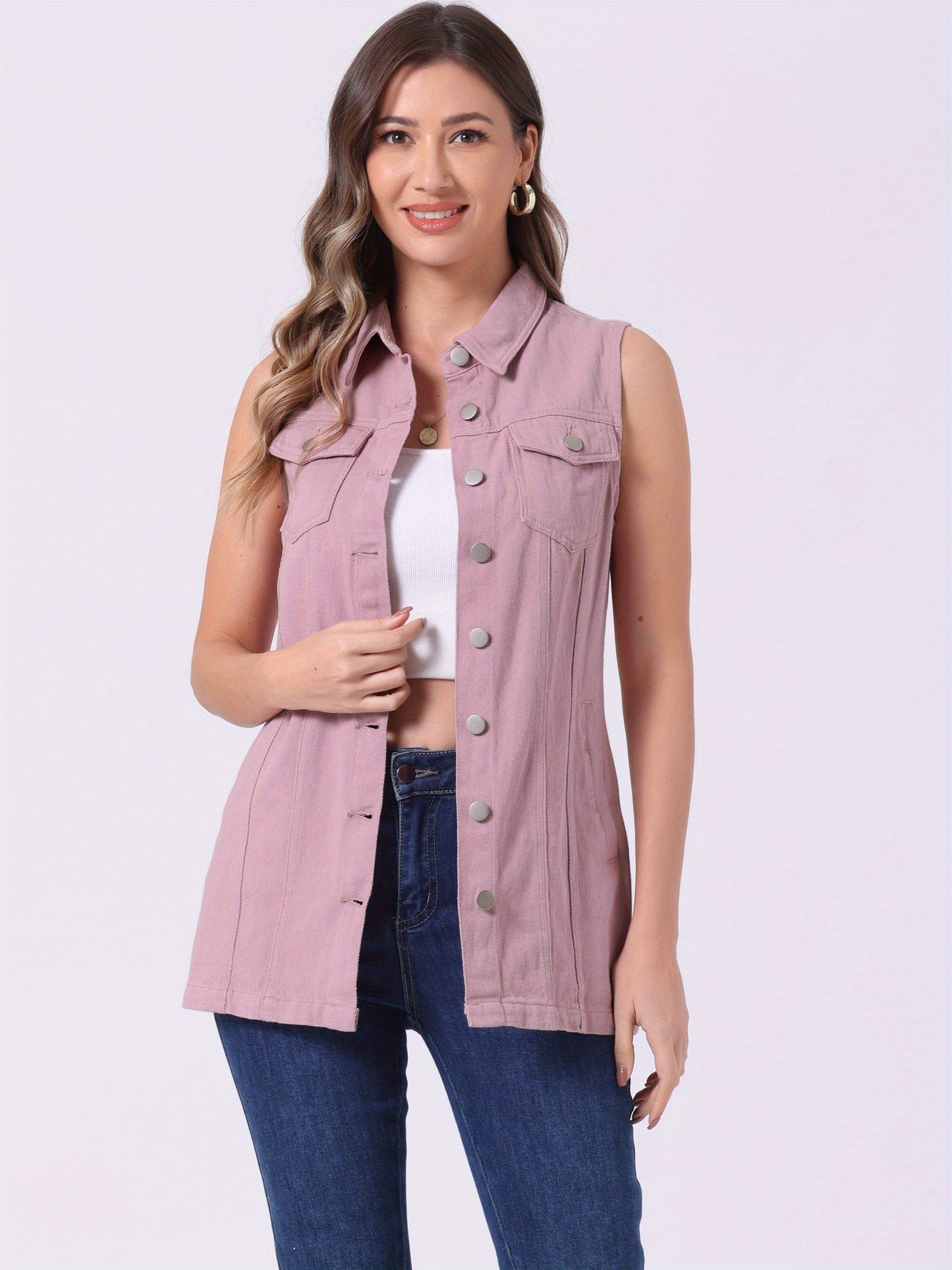 Women'S Denim Vest Sleeveless Button Waistcoat Casual Long Jean Vests