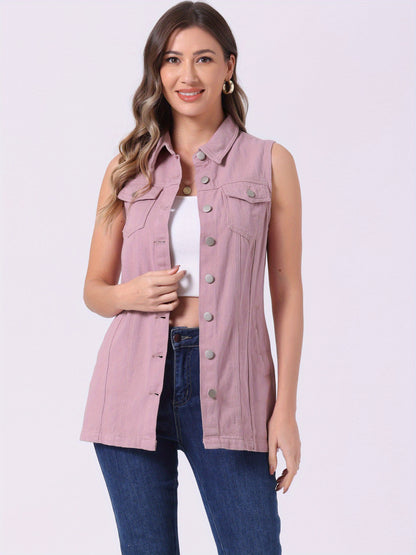 Women'S Denim Vest Sleeveless Button Waistcoat Casual Long Jean Vests