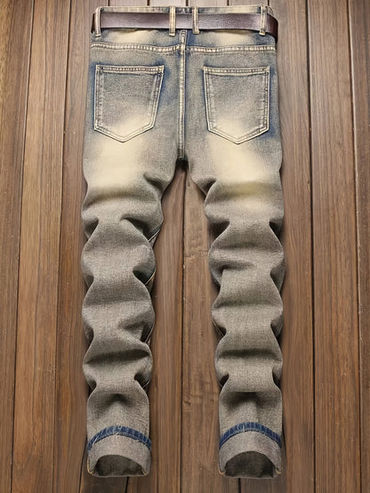 [HME] Men's Street Fashion Jeans, Classic Five-pocket Style, Retro Washed Mud Yellow, Irregular Hole Patch Design, Mid-waist Elastic Slim Straight Leg, YKK Zipper Closure, Trendy Brand Cool And Stylish Men's Denim Long Pants