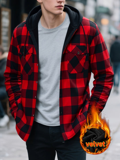 2025 New Men'S Checked Hooded Coat - Comfortable Fleece-Lined, Thick Casual Long Sleeve Top with Pockets, Black And Green Check Design, Ideal for Autumn/Winter, Suitable for Casual Or Professional Attire
