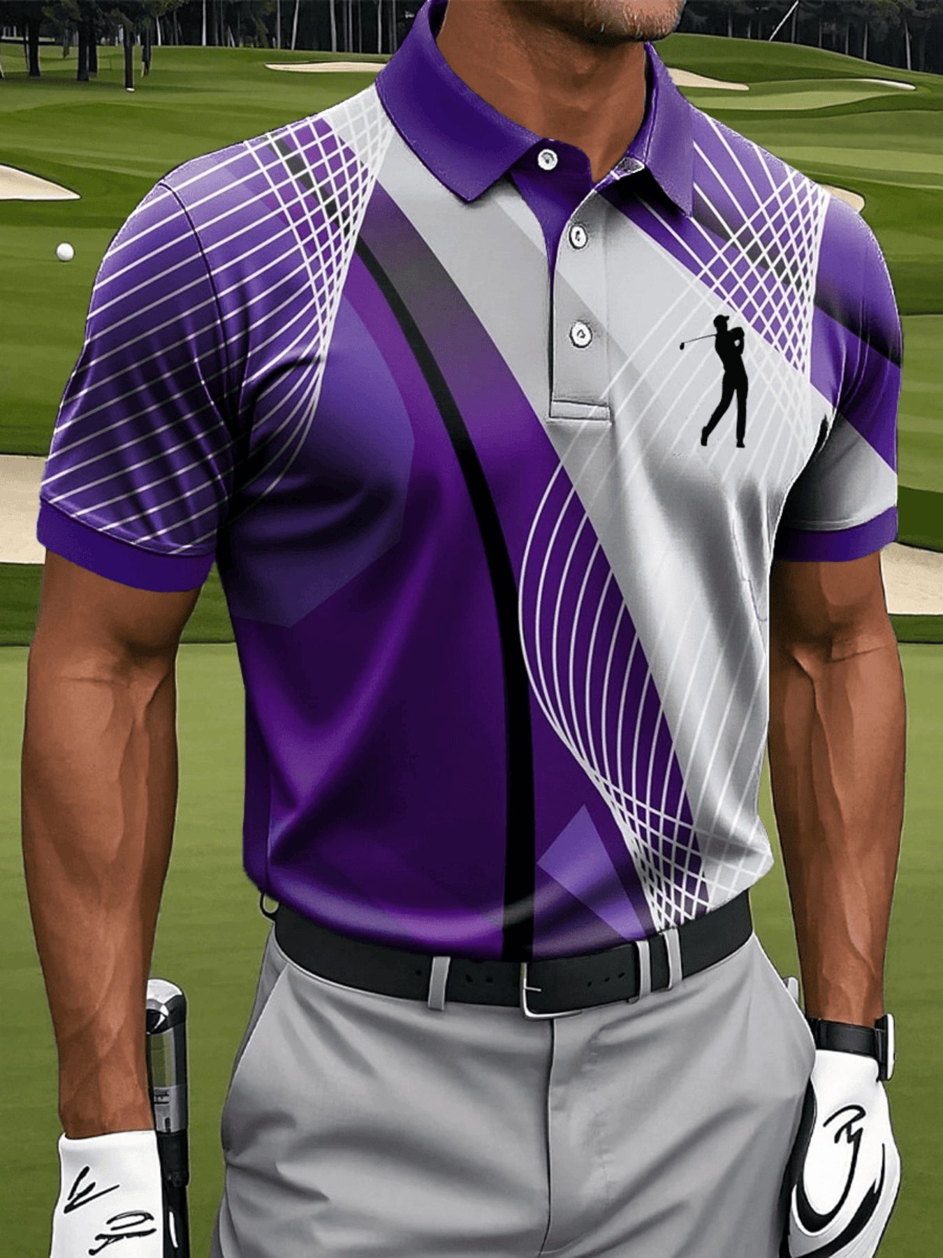 Men's Casual Sports Short Sleeve, Mesh Lines and Golf Pattern Print, Polyester Fabric Machine Washable, Breathable Regular Fit, Suitable for Daily Casual Sports Wear, PLUS SIZE