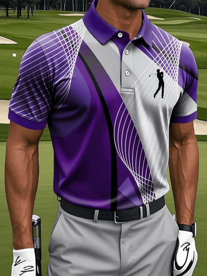 Men's Casual Sports Short Sleeve, Mesh Lines and Golf Pattern Print, Polyester Fabric Machine Washable, Breathable Regular Fit, Suitable for Daily Casual Sports Wear, PLUS SIZE
