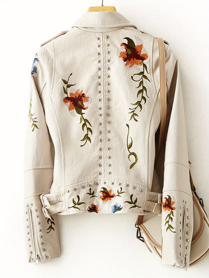 Women Floral Embroidered Moto PU Jacket Coat
