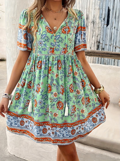 ZAFUL Summer Women's Dress, Women's Fashion New Elegant Romantic Bohemian Style Long Dress, Women's Fashion Deep V-neck Princess Sleeve Design, Fluffy High Waist Tassel Dress, Fashion Holiday Dress