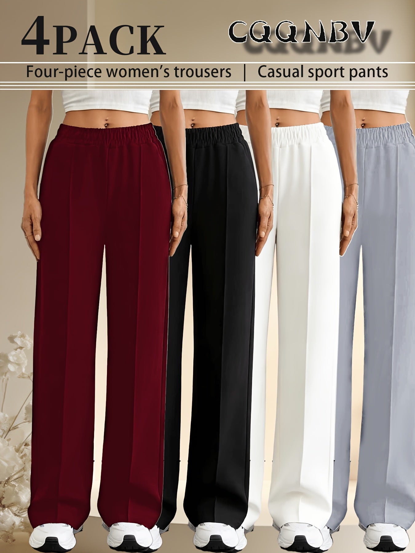 4pcs Women's Straight-leg Casual Pants - Elastic Waistband, with Pockets, Comfortable All Year Round, Machine Washable, Smooth Texture, Simple Design - Red, Black, White, Gray Casual Home Pants, Jogging Pants, Casual Wear, Halloween, Teacher's Day