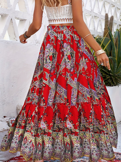 Bohemian Paisley Print Maxi Skirt for Women - Casual Woven Polyester Half-Skirt, Ethnic Style, No Belt, All-Season Beach Fashion