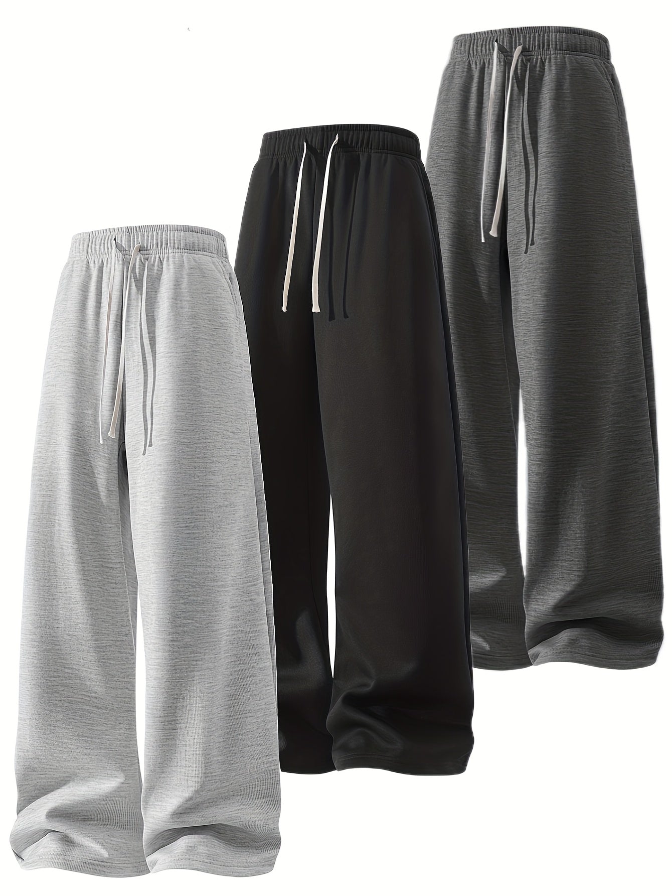 3pcs Summer Trendy All-match Long Pants [soft Knitted Joggers] Men's Soft Knitted Joggers - Loose Fit, Elastic Waist with Drawstring, Two Side Pockets - Machine Washable