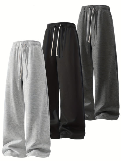 3pcs Summer Trendy All-match Long Pants [soft Knitted Joggers] Men's Soft Knitted Joggers - Loose Fit, Elastic Waist with Drawstring, Two Side Pockets - Machine Washable