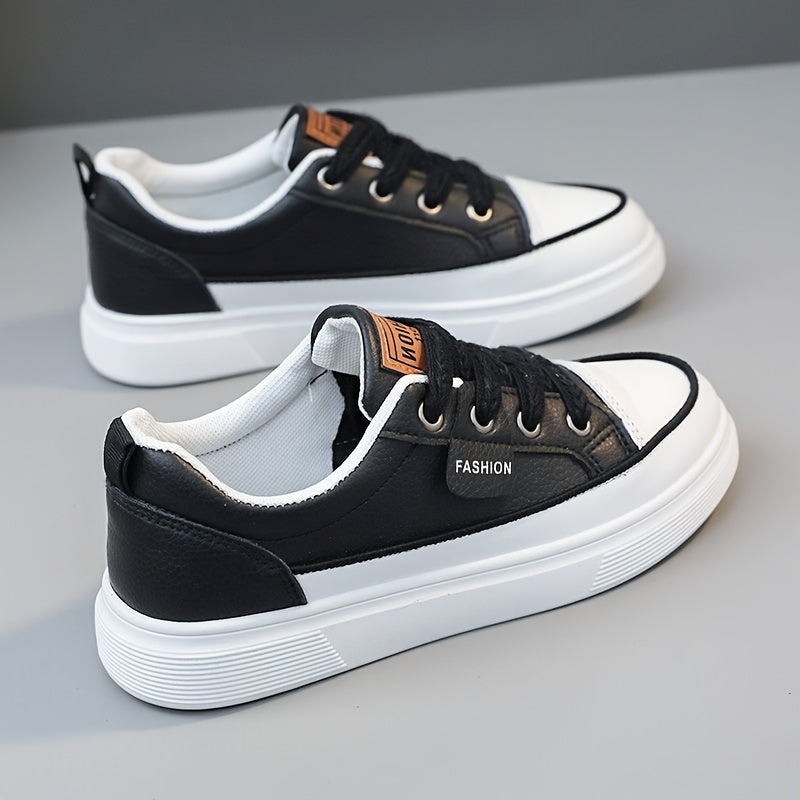 Women's Skateboarding Shoes - College Style Flat Sole Casual Sneakers with Soft Rubber Outsole & EVA Cushion, Breathable Faux Cover & Mesh Upper, All-Season Outdoor Walking Shoes for Students (White/Black)