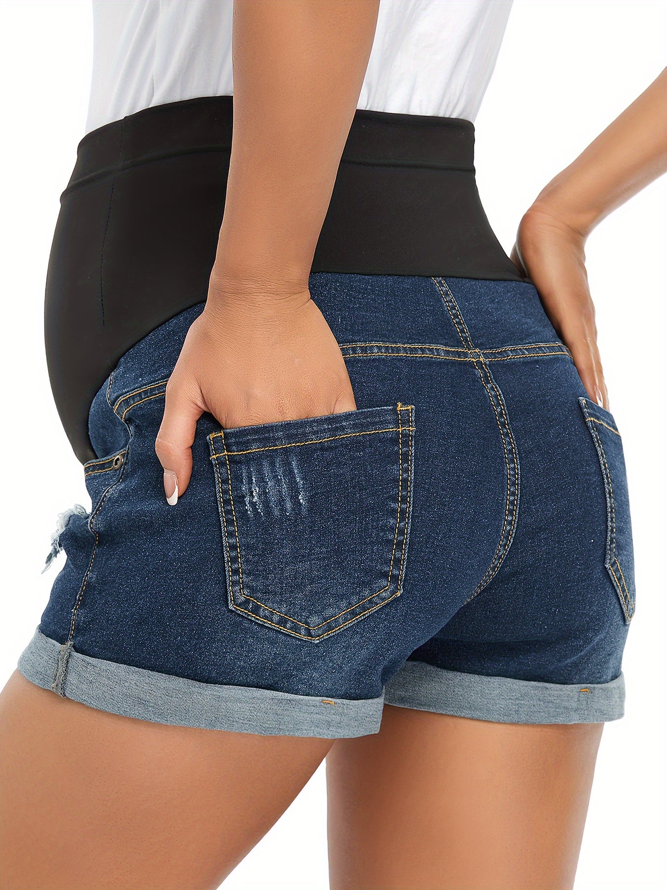 Women's Maternity Jean Shorts Over Belly Ripped Roll Up Hem Stretchy Denim Shorts Clothes For Summer Pregnancy