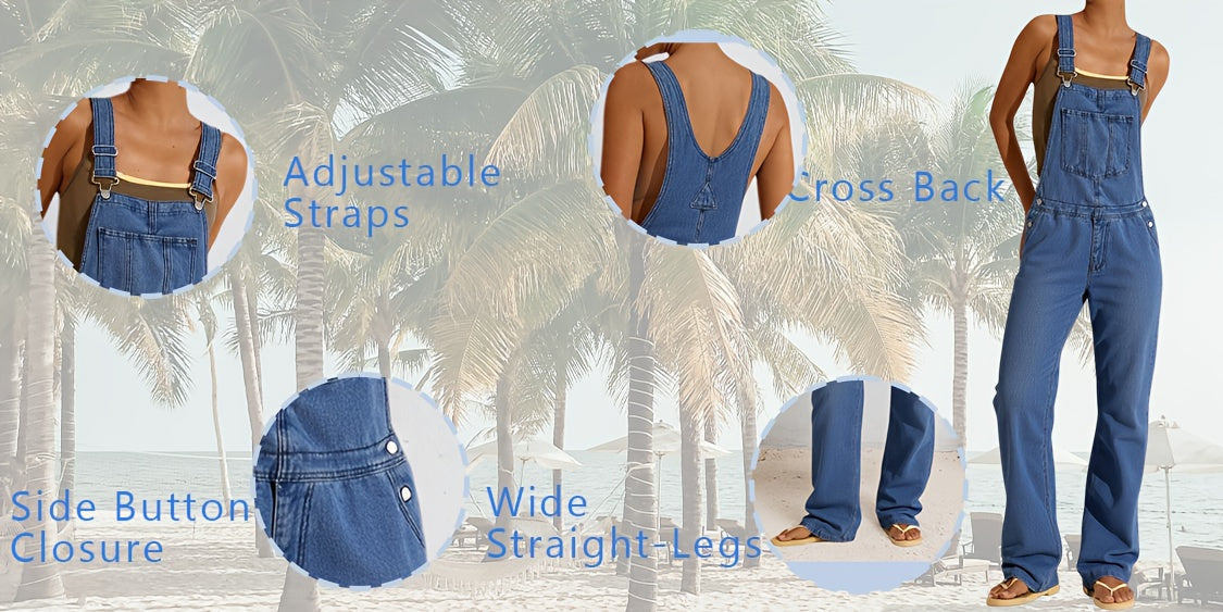 [Denim Overalls Set] Women's Denim Overalls Set - Non-Elastic Mid-Calf Long Style, Functional Pocket Design - Party Casual Wear, Versatile for Daily Use - Easy-To-Care Denim Clothing, Spring Fashion, Trendy Women, Four-Season Style, High-Quality Sewing, F
