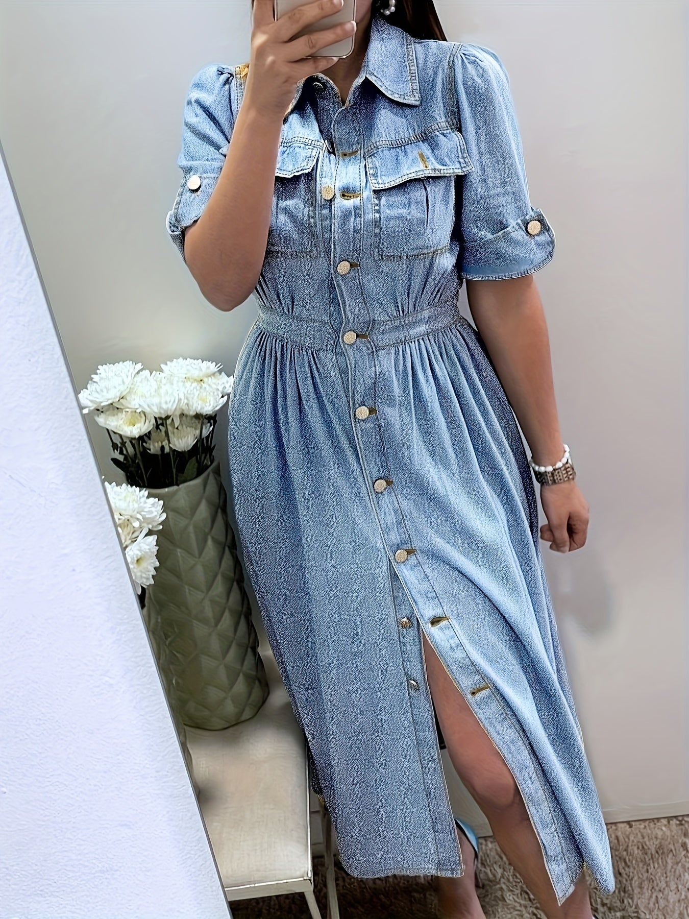 [Denim Shirt Dress] Women's Denim Shirt Dress with Collar, Short Sleeved Waist, A-Line Jeans, And Pocket Dress
