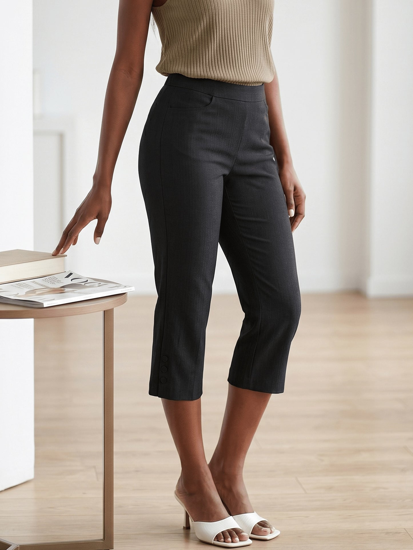 Women'S High-waisted Slim-fitting Capri Pants, Suitable For, Work And Daily Wear, With Pockets