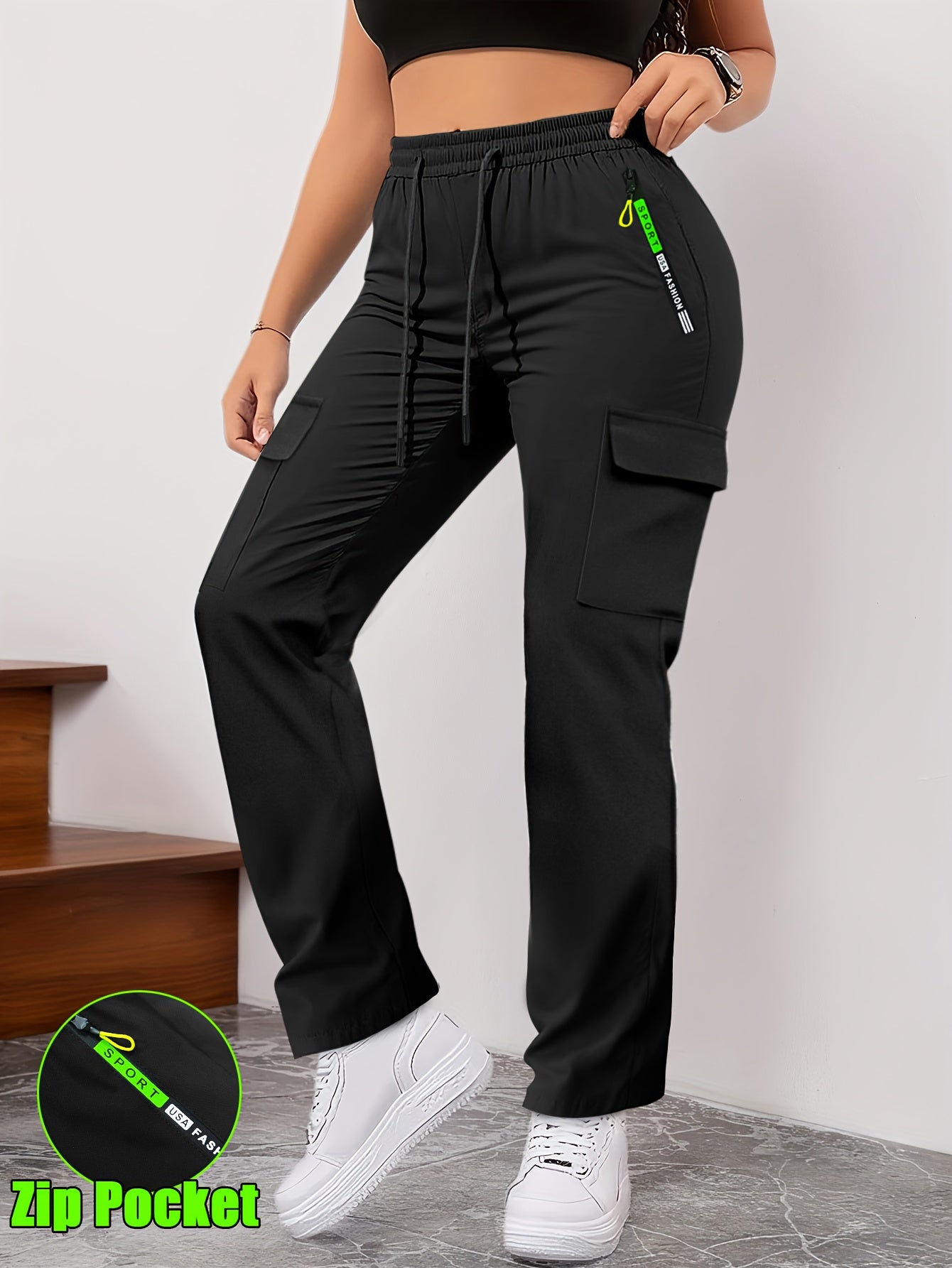 Women's Outdoor Sports Pants with Zippered Pockets, Elastic Waistband with Drawstring, Suitable for Climbing And Running