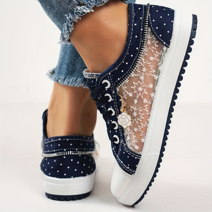 Breathable Mesh Women's Flats - Casual Low-Top Sneakers with Floral Design, Plus Size Available