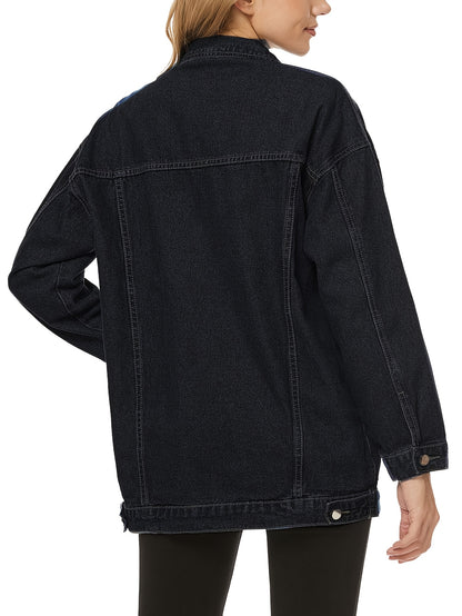 Women's Fashion Denim Jacket - Oversized, Long Sleeve, Mid-Length, Jean Biker Coat