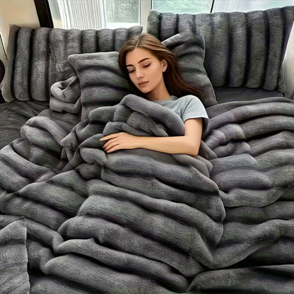 Faux Rabbit Fur Throw Blanket - Striped Double-Sided Flannel Back