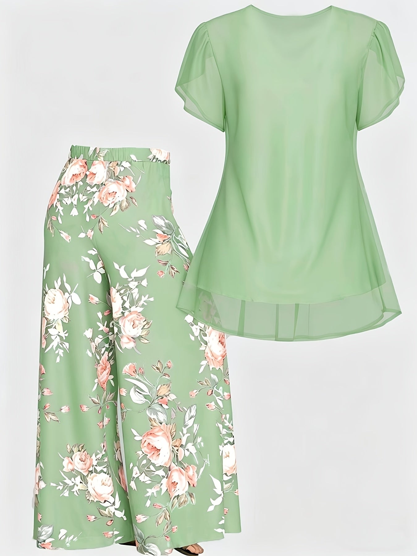 Plus Size - New Women'S Solid Color Top And Printed Pants Chiffon Fashion Style Set Top And Pants Two Piece Set